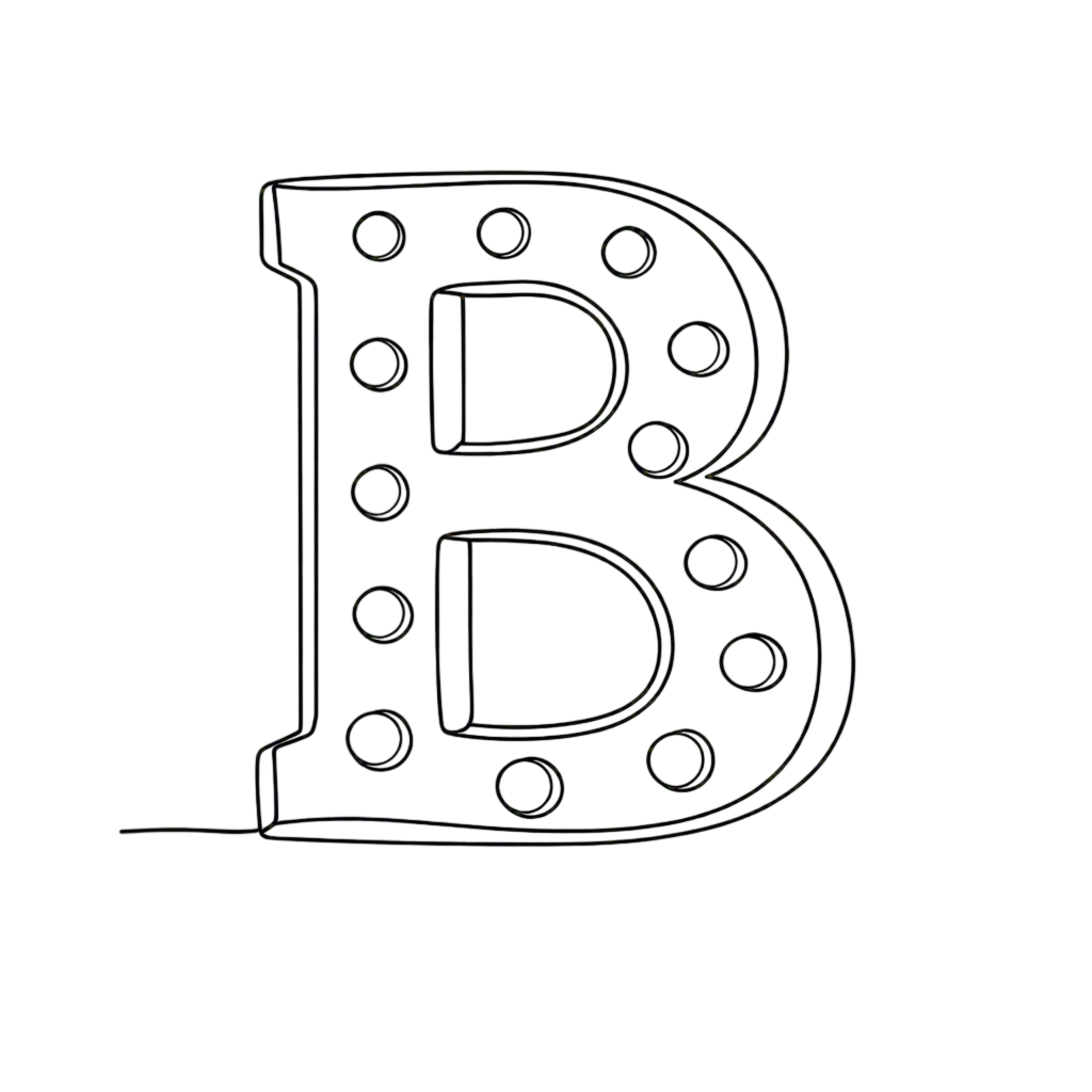 A minimalist line drawing of a 5ft marquee letter B rental for events